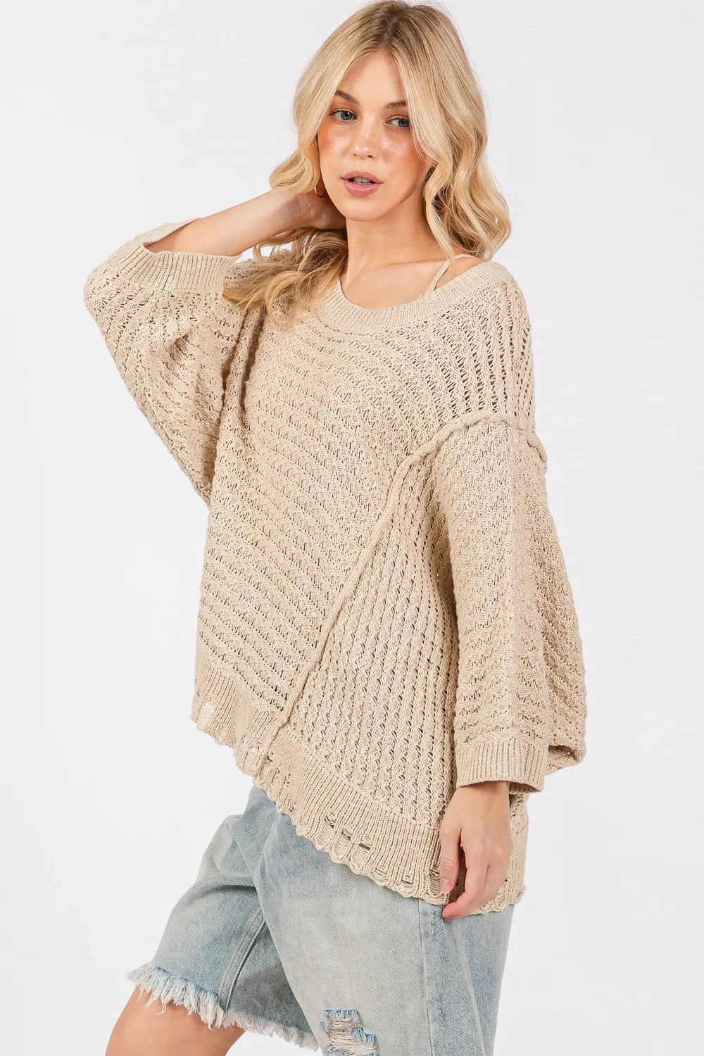 SAGE + FIG Distressed Asymmetrical Open Stitch Sweater - Farnelli