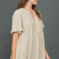 Umgee Full Size Raw Hem Notched Babydoll Linen Blouse Plus Size - Farnelli