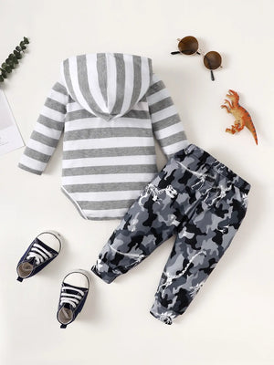 Children's Striped Hooded Bodysuit and Camouflage Pants Set - Farnelli