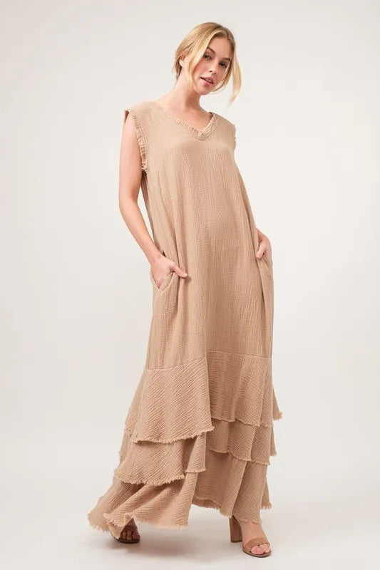 And The Why Washed Cotton Gauze Fringe Detail Tiered Dress - Farnelli