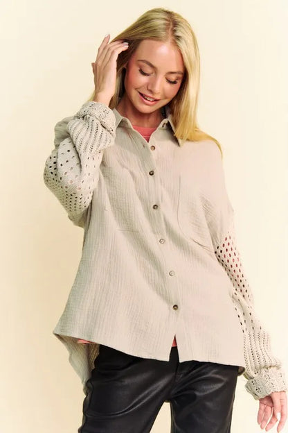 Davi & Dani Crochet Sleeve Crinkled Texture Shirt - Farnelli