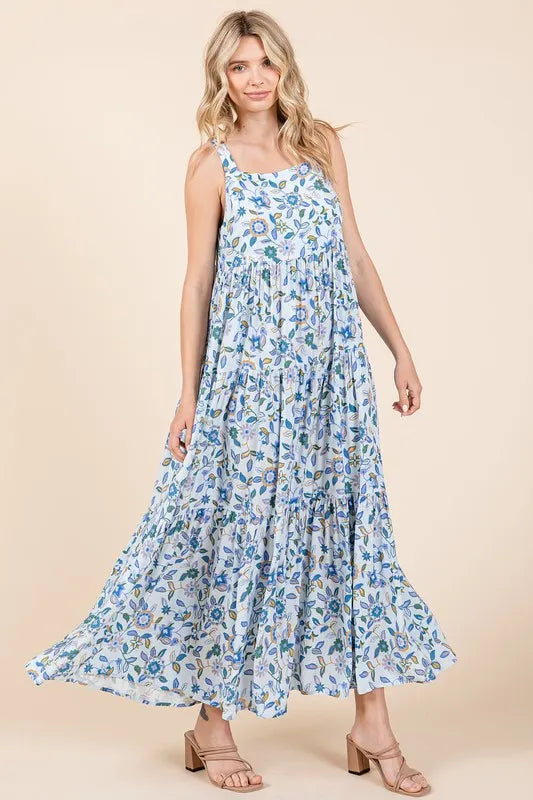 Mittoshop Flower Print Tiered Sleeveless Empire Maxi Dress - Farnelli