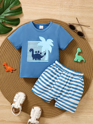 Children's Dinosaur Print Tee & Striped Shorts Set - Farnelli