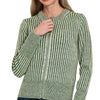 Zenana Ribbed Two Tone Zip Up Sweater Cardigan - DK GREEN