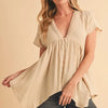 Aemi + Co Tuck Detail V-Neck Short Sleeve Blouse - Oatmeal