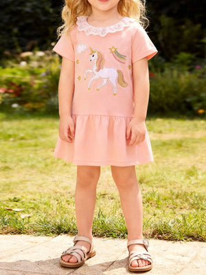Children's Unicorn Embroidered Lace Collar Casual Dress - Farnelli