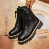 Lace Up Leather Combat Boots with Chunky Sole - Black