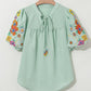 Reya Floral Embroidered Puff Sleeve Split Neck Blouse - Farnelli
