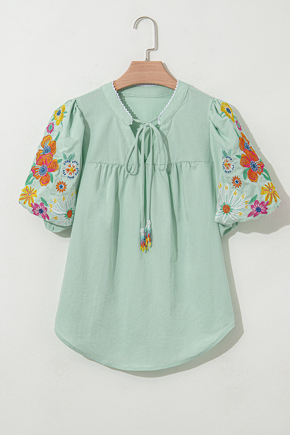 Reya Floral Embroidered Puff Sleeve Split Neck Blouse - Farnelli