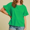 Umgee Full Size Raw Hem Ruffle Short Sleeve Blouse Plus Size - Green