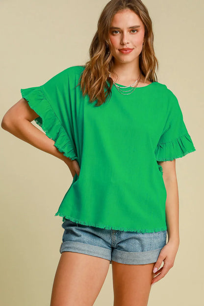 Umgee Full Size Raw Hem Ruffle Short Sleeve Blouse Plus Size - Farnelli