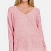 Zenana High-Low Center Seam V-Neck Sweater - Dusty Pink