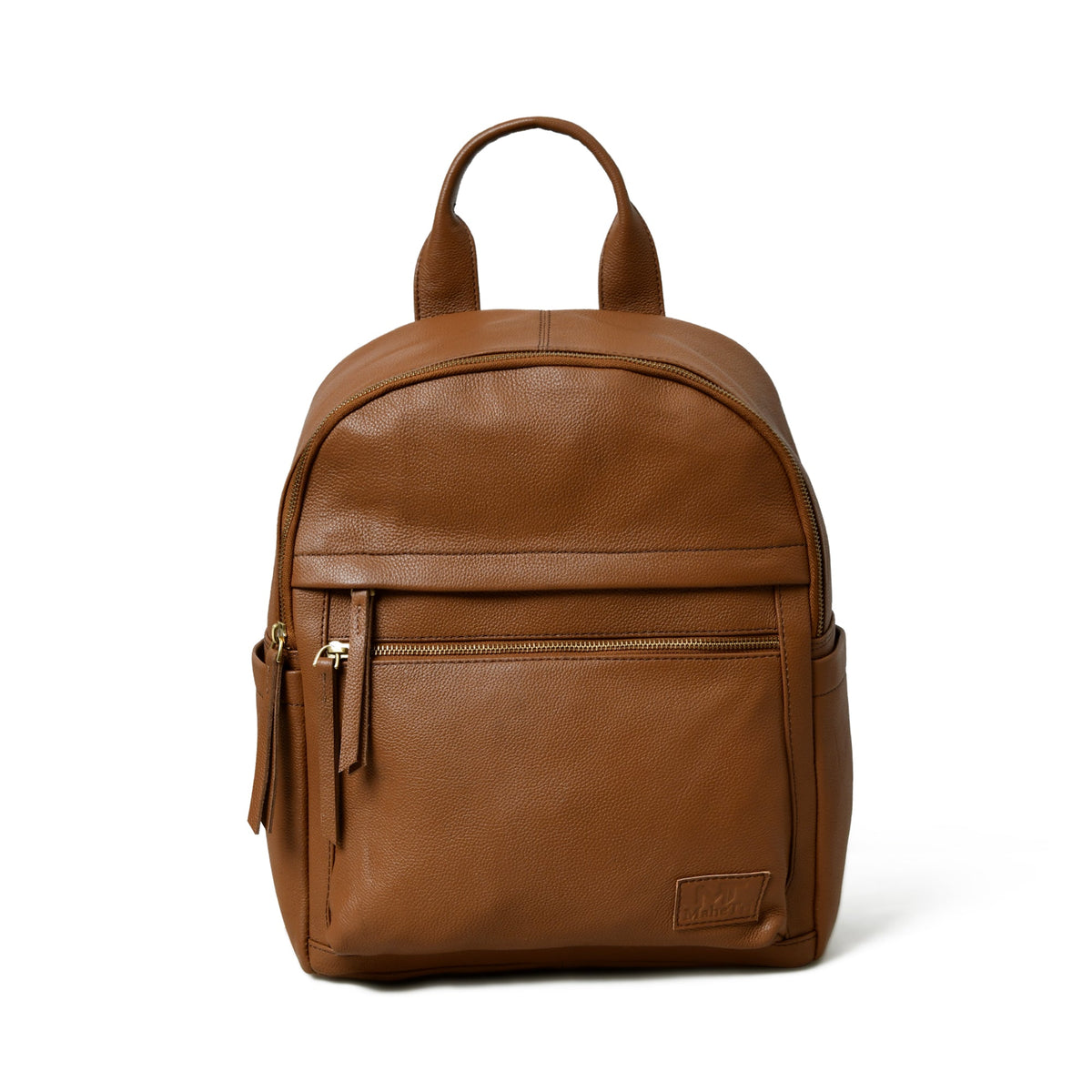 Mini Journey Leather Backpack by Classy Leather Bags with adjustable straps and a front zip pocket, made of smooth brown leather.