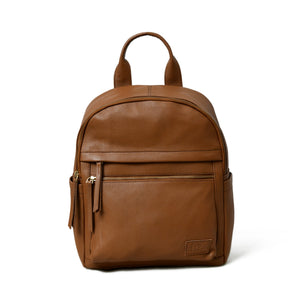 Mini Journey Leather Backpack by Classy Leather Bags with adjustable straps and a front zip pocket, made of smooth brown leather.