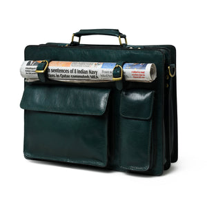 Green Tuscany Italian leather briefcase by Classy Leather Bags, showcasing polished leather and sturdy handles for professional use.