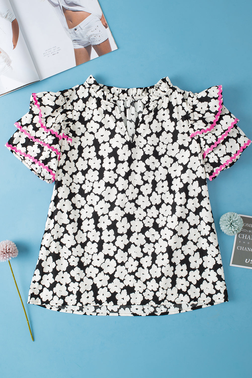 Capri Floral Ric Rac Ruffle Sleeve Blouse - Farnelli