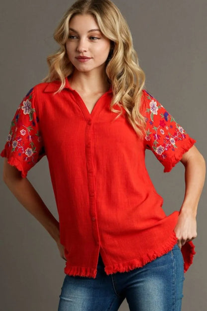 Umgee Full Size Linen Shirt with Embroidered Sleeves Plus Size - Farnelli