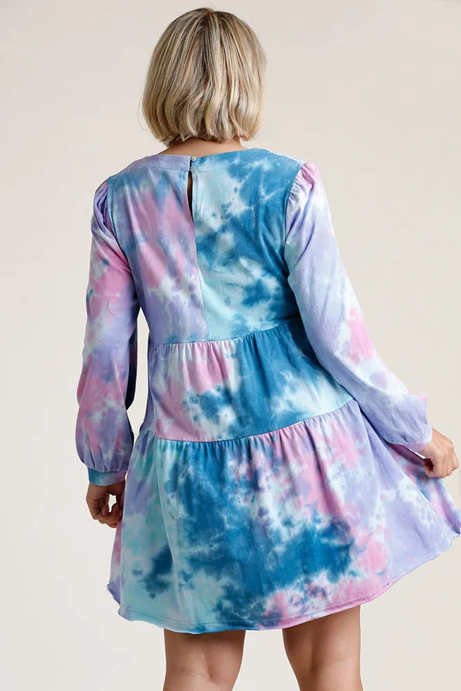 Umgee Full Size Tie Dye Round Neck Long Sleeve Babydoll Tiered Dress Plus Size - Farnelli