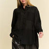 Davi & Dani Crinkled Jacquard Button Down Shirt - Black