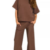Zenana Ribbed Round Neck Tee & Pants Set - BROWN
