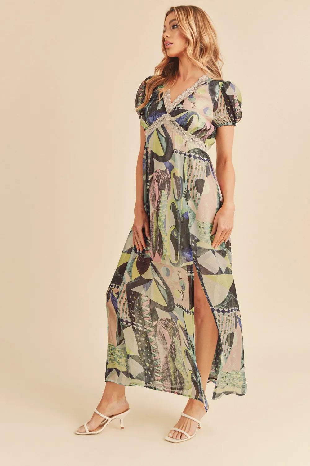 Aemi + Co Lace Detail Slit Geometric Print Short Sleeve Maxi Dress - Farnelli