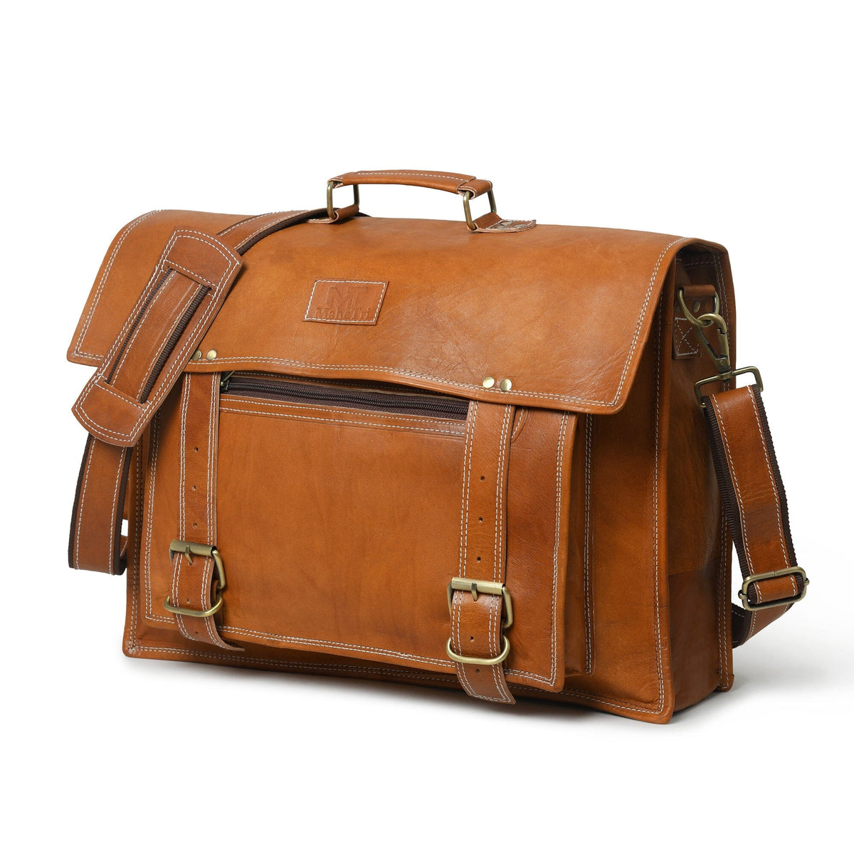 Tan brown MaheTri Big Pocket messenger bag by Classy Leather Bags with large front pocket and adjustable shoulder strap.