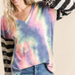 BiBi Tie Dye V Neck Top with Stripe Puff Sleeves - Farnelli