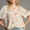 Umgee Full Size Boxy Cut Split Neck Floral Print Top Plus Size - Tan