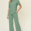 Double Take Full Size Round Neck Short Sleeve T-Shirt and Wide Leg Pants Set - Light Green