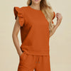 Double Take Full Size Texture Round Neck Ruffle Sleeve Top and Shorts Set - Tangerine