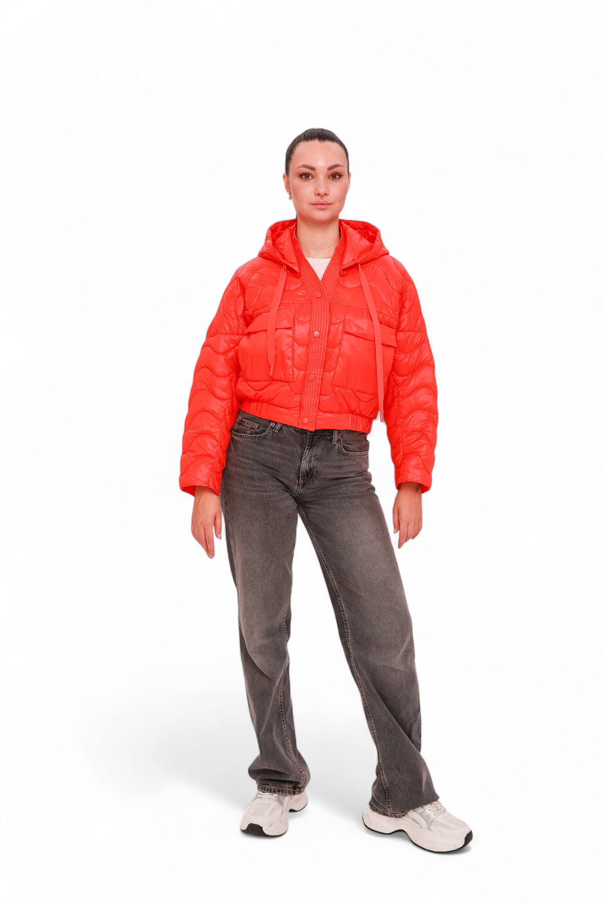 Alaska Outerwear Company Lexi cropped coral jacket with long sleeves and zip front