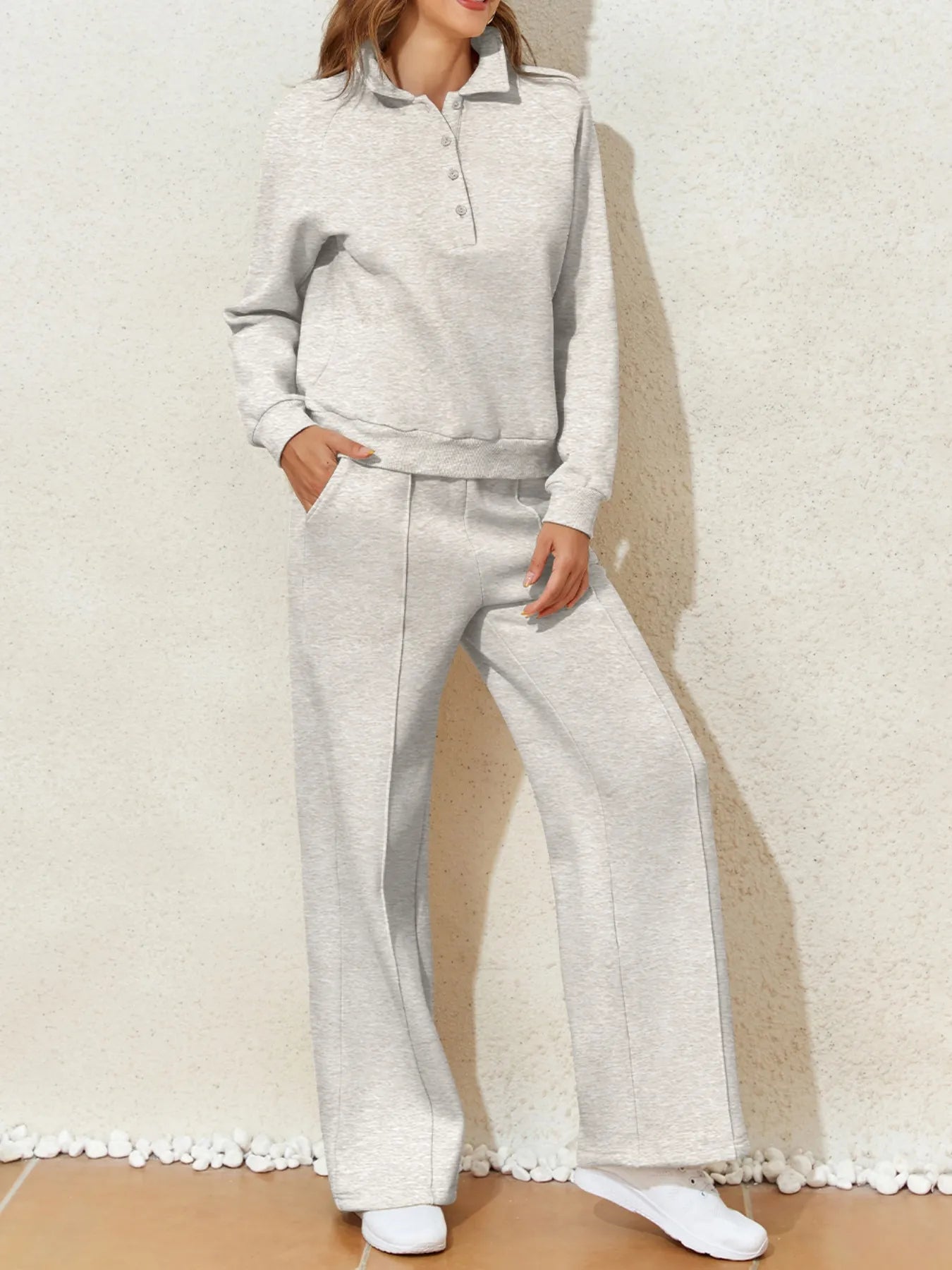 Collared Sweatshirt and High Waist Pants Active Set - Farnelli