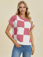 Double Take Full Size Checkered Round Neck Short Sleeve Sweater - Farnelli
