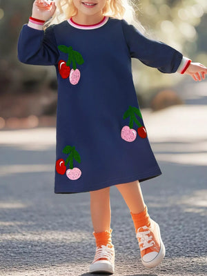 Children's Cherry Appliqued Long Sleeve Dress - Farnelli
