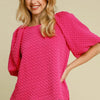 Umgee Full Size Boxy Cut Jacquard Round Neck Top with Side Slit Plus Size - Hot Pink