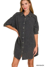 Zenana Washed Double Gauze Button Down Shirt Dress - Farnelli