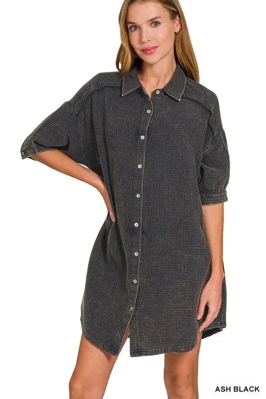 Zenana Washed Double Gauze Button Down Shirt Dress - Farnelli