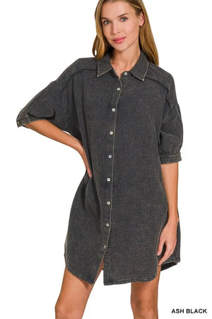 Zenana Washed Double Gauze Button Down Shirt Dress - Farnelli