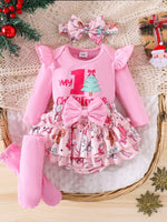 Children's Christmas Ruffled Long Sleeve Top and Skirt Set with Headband - Farnelli