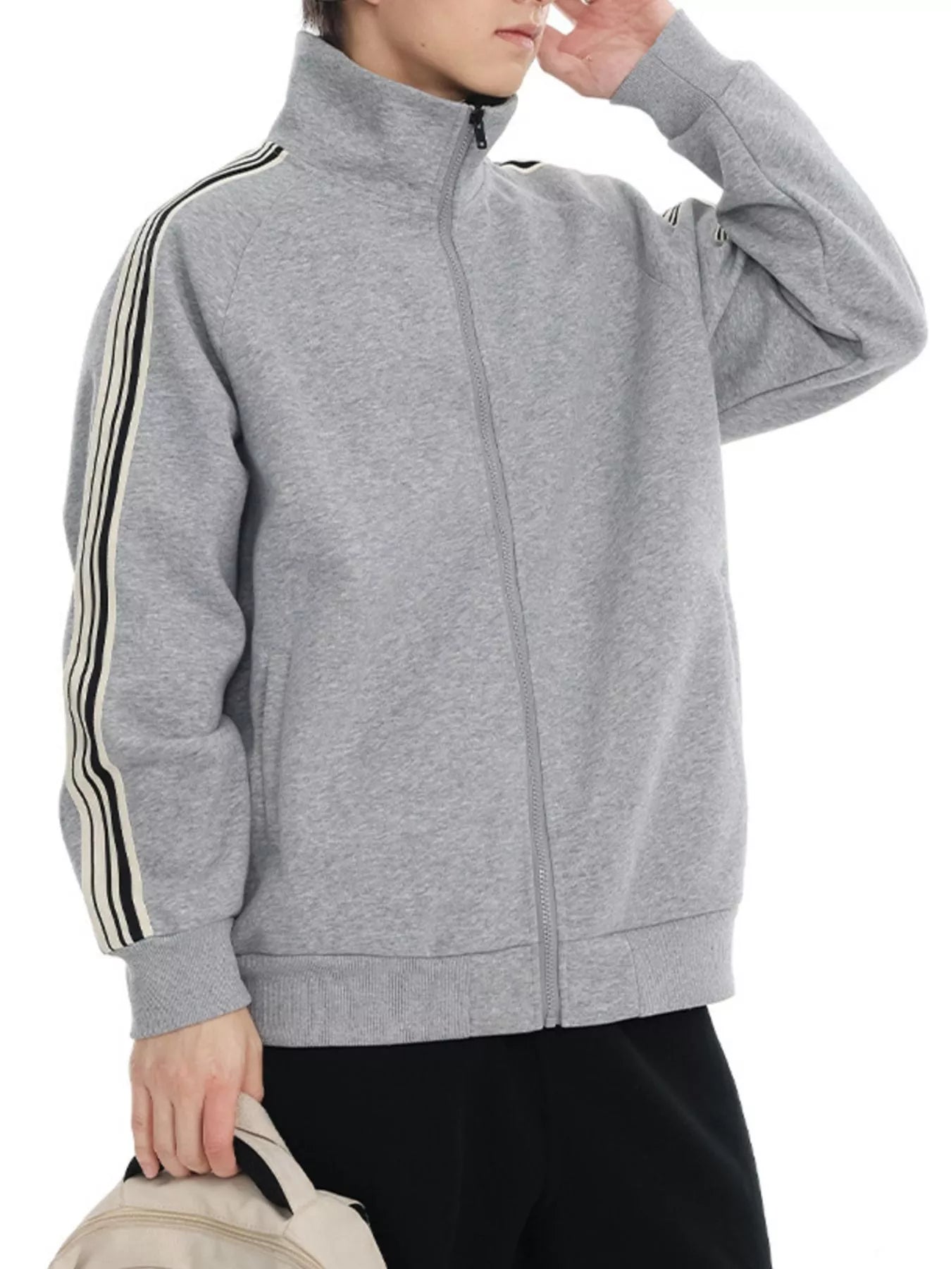 Men's Plus Size Striped Sleeve Zip-Up Sweatshirt - Farnelli