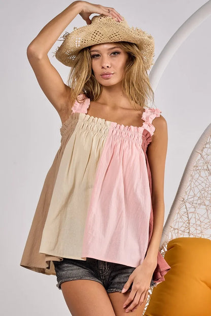 BiBi Frill Shoulder Strap Color Block Bodice Top - Farnelli
