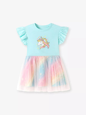 Children's Unicorn Graphic Rainbow Tulle Layered Dress - Farnelli