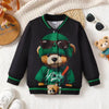 Children's Cartoon Bear Graphic Baseball Jacket - Black