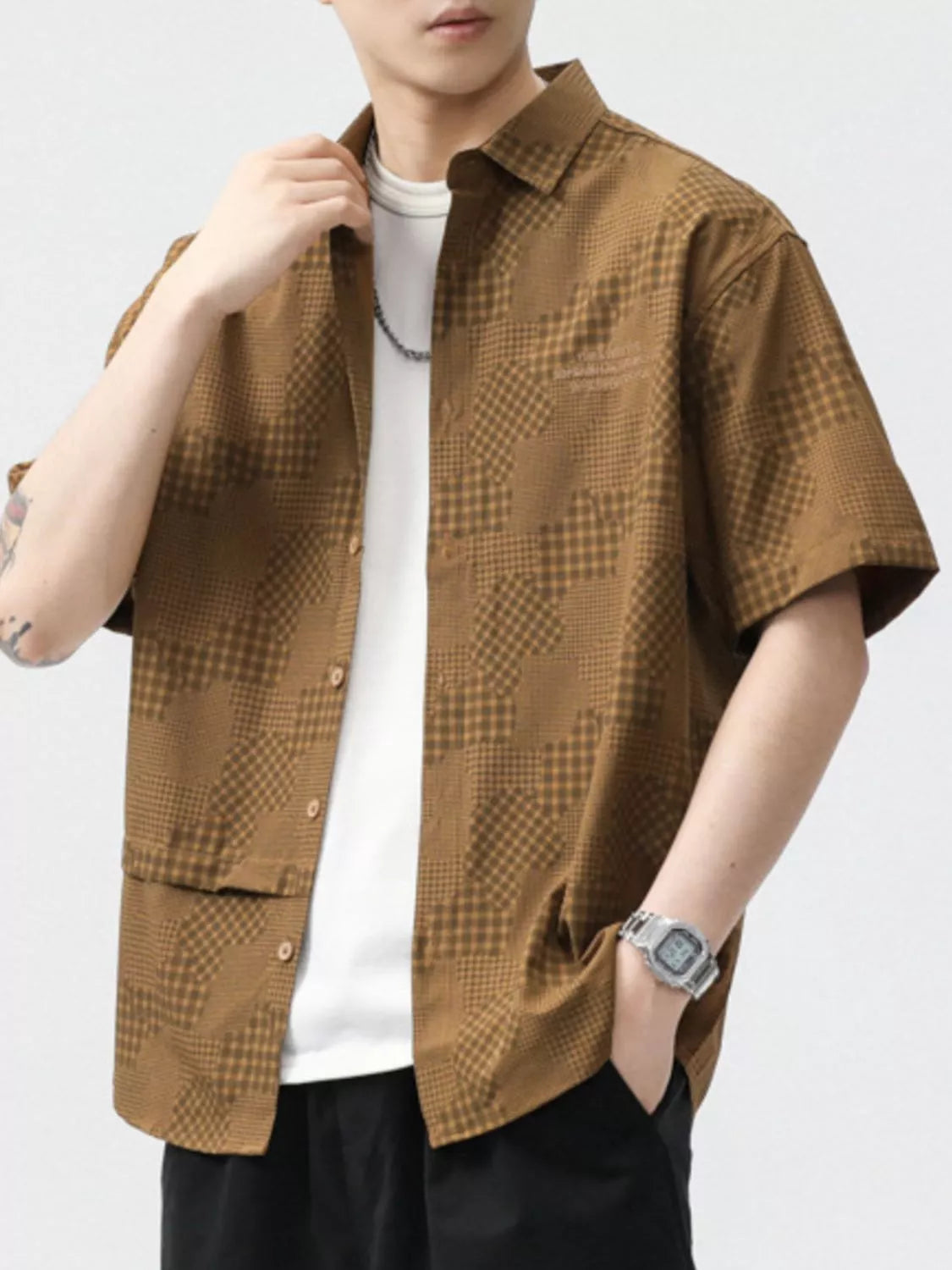 Men's Plus Size Plaid Button Up Short Sleeve Shirt - Farnelli