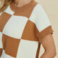 Double Take Full Size Checkered Round Neck Short Sleeve Sweater - Farnelli