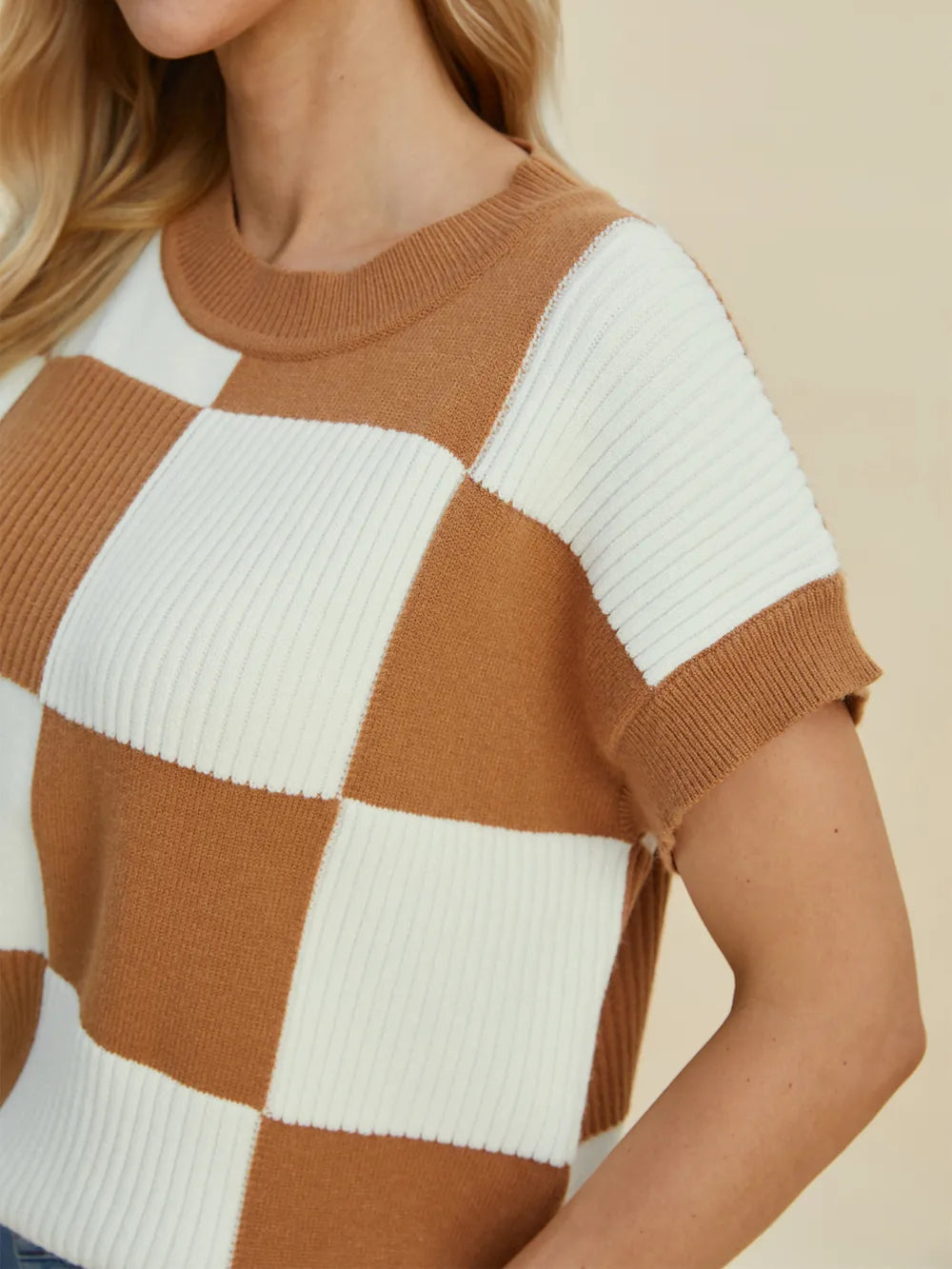 Double Take Full Size Checkered Round Neck Short Sleeve Sweater - Farnelli