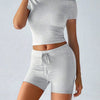 Round Neck Short Sleeve Top and Shorts Set - White Flower Ash