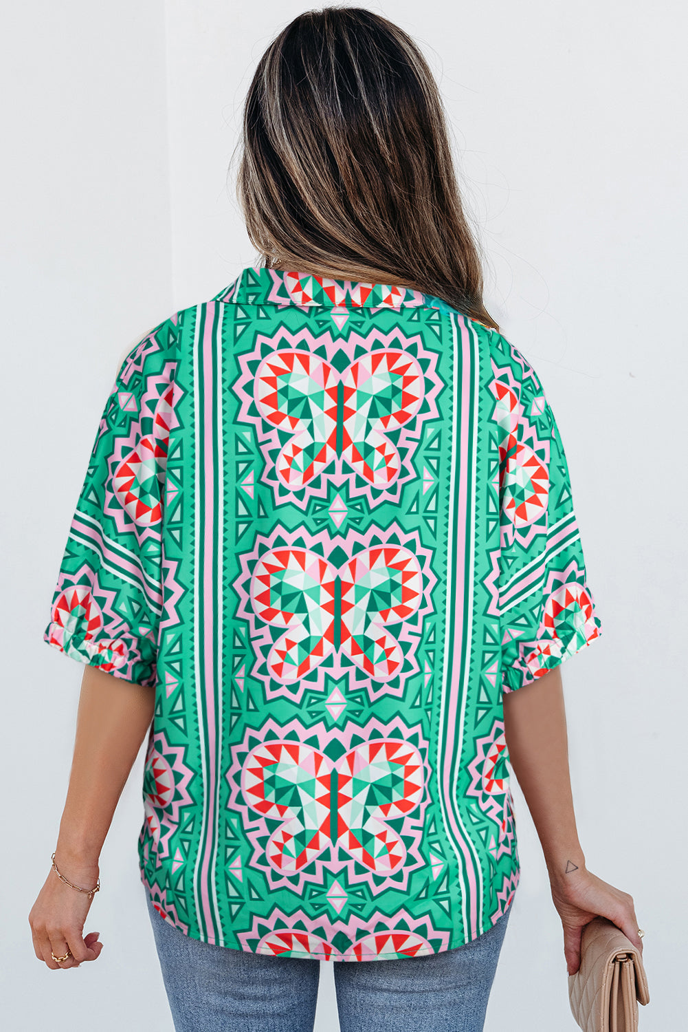 Kamiyah Boho Abstract Striped Collared V Neck Blouse - Farnelli