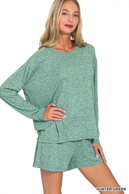 Zenana Soft Melange Long Sleeve Tee and Shorts Set - Farnelli