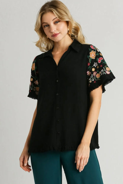 Umgee Full Size Linen Shirt with Embroidered Sleeves Plus Size - Farnelli